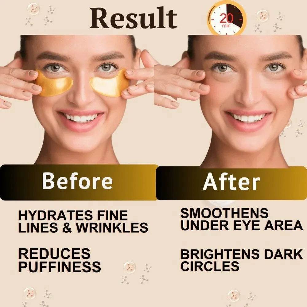 24K Gold Under Eye Patches (20 Pairs) Anti-Aging, Hydrating, Depuffing, Dark